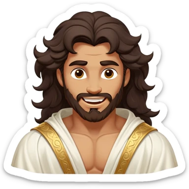 Cinematic Realistic Hercules Portrait, head tilted dramatically with an exaggeratedly amused expression, featuring expressive eyes and a hint of a roguish smile. His bronze, marble-like skin and thick, wavy dark hair, rendered with classical artistry, complement his flowing white robe adorned with delicate golden accents, all brought to life with dynamic natural lighting that captures a rare, playful moment from an enduring legend. sticker