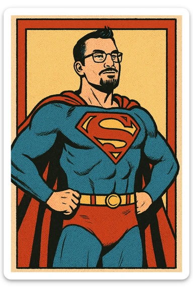 man with short hair, goatee, glasses, superhero costume, standing tall, chest out, classic comic book style sticker