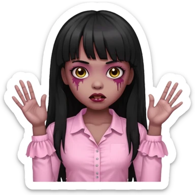 light-skinned Black zombie girl with long black hair and bangs, wearing a light pink blouse, with a cute pose sticker