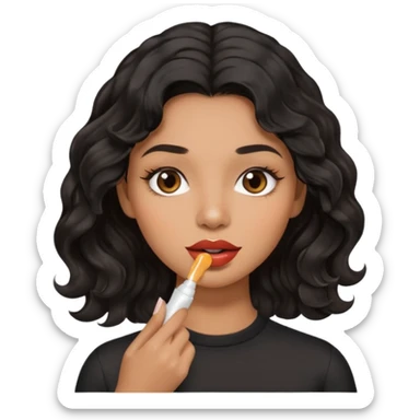 A gorgeous with black wavy hair women applying cute thin lipbalm on her brown lips sticker