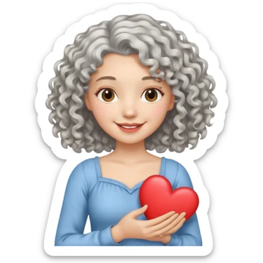 silvery curly/wavy shoulder-length hair smiling lady holding a heart thinner hair, different top sticker