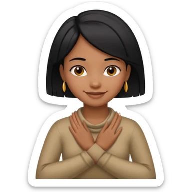 a black girl with straight black hair emoji with hands crossed and around her neck while smiling sticker