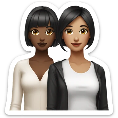 Two girlfriends. One with brown hair in square, the other with black hair, bangs and a square. In fashionable clothes and beautiful modern makeup sticker