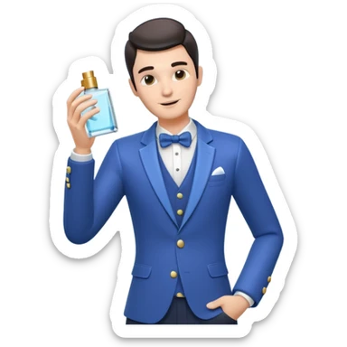 stylish man spraying perfume, holding a perfume bottle, mist spray in the air, elegant pose, 3D cartoon, mobile game icon style, clean background, no text, no watermark

 sticker