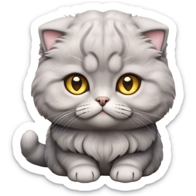 Cinematic Adorable Fluffy Grey Scottish Fold Cat Portrait Emoji, Adorable folded ears perched atop its soft, round head, head tilted cutely with big, sparkling yellow eyes, soft grey fur with darker points on the ears, face, and paws, Simplified yet irresistibly adorable features, highly detailed, glowing with a soft, warm glow, high shine, affectionate and playful, stylized with a touch of whimsy, bright and endearing, soft glowing outline, capturing the essence of a curious and loving kitten with the signature charm of a Scottish Fold's unique folded ears, so cute it feels like it could leap out of the screen and snuggle up for a cuddle! sticker