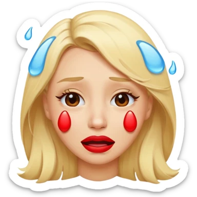 blonde having crying emoji tears from hard laughter. really happy in general, happy eyes. red lipstick sticker