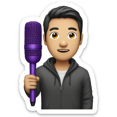 a Asian man holding a purple mic sticker