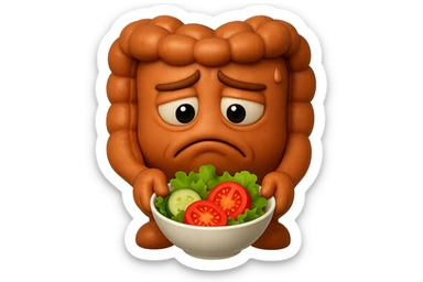 EMOJI STILE IPHONE DI UN INTESTINO UMANO ANATOMICO CHE GUARDA UN INSALATA CON ESPRESSIONE TRISTE E RASSEGNATA IN VOLTO: SOFFRE LA FAME PERCHé è A DIETA, FAGLI ANCHE LA PARTE BIANCA DEGLI OCCHI, NON SOLO LE PUPILLE, IPERREALISTICO 4K sticker