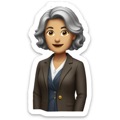 a middle-aged woman with shoulder-length dark brown hair in a jacket as a school headmaster sticker