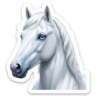 Cinematic Noble White Horse Portrait Emoji, Poised and regal, with a strong, athletic build and a pristine, well-groomed pure white fur, deep-set soulful blue eyes, Simplified yet sharp and sophisticated features, highly detailed, glowing with a soft, dignified glow, high shine, intelligent and majestic, stylized with an air of ethereal grace, focused and attentive, soft glowing outline, capturing the essence of a watchful and confident steed, so majestic it feels as though it could gallop out of the screen with effortless authority! sticker
