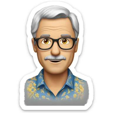 a middle-aged European man wearing an embroidered shirt and glasses sticker