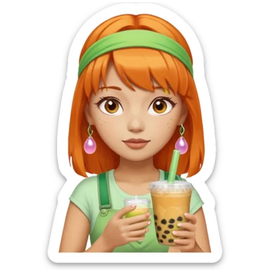 Create an emoji of a woman with orange hair, bangs, and a green headband, holding a cup of bubble tea. sticker