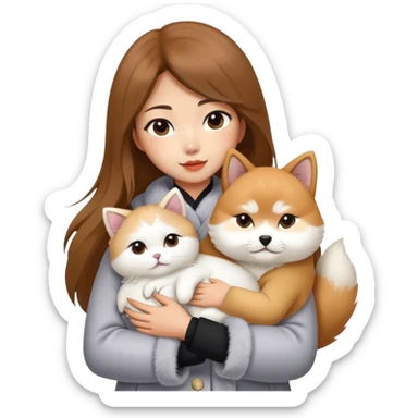 A Chinese fashion girl with brown hair, wearing a light gray fur coat, hugging a Shiba Inu and a long-haired white Persian cat. sticker