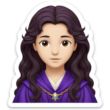 Libera from Olympus Gods with long dark brown wavy hair, dark purple stola sticker