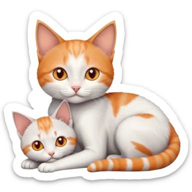 full body of very small + skinny ginger and white kitten with deep orange eyes and triangular shaped face lying down cuddling a grey and white kitten who is a bit bigger than him sticker