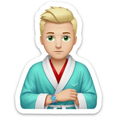 A white man with green eyes, medium-length blond hair in a low mohawk, a blue Cartier watch on his wrist, and a luxurious bathrobe. sticker