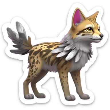 Coyote ocelot standing with grey and black fur and phoenix wings on back and pink ears half skeleton, neon lights sticker