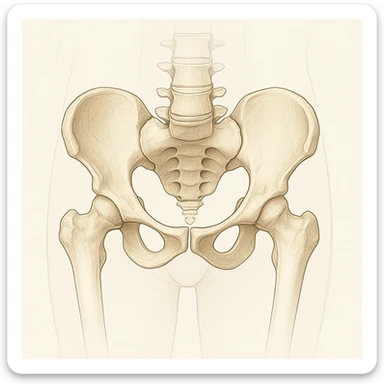 An anatomical illustration of a rotated pelvis in a medical style with a neutral background. The pelvis is highlighted clearly, inspired by the reference image. sticker