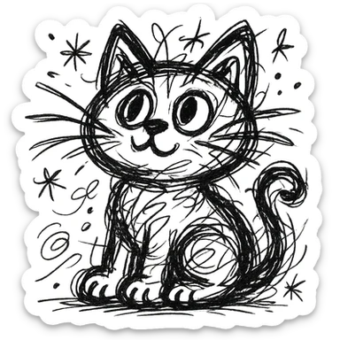 chaotic outlined icon of a cute kitten sitting and looking up, with wild scribbled lines sticker