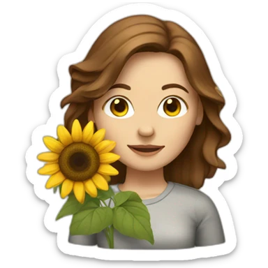 White woman with Brown hair holding a sunflower sticker