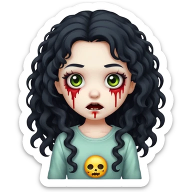 chibi zombie girl with long black curly hair and a white streak, creepy expression, makeup, iPhone emoji style sticker