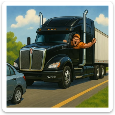 Zoom the scene out so the view is a little farther away, showing more of the road and both vehicles. Keep the black Kenworth W680 semi with chrome stack, angry bald driver in orange shirt and baseball cap, arm out the window, following a car. Scene should remain bright and vibrant. sticker