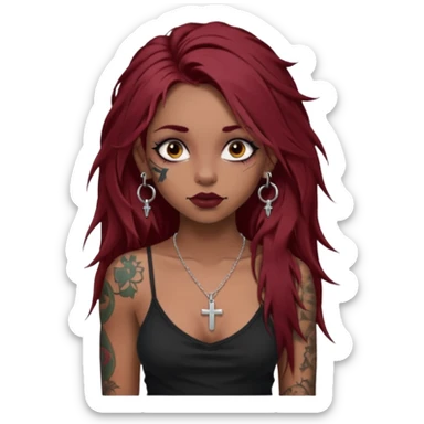generate an ios genmoji of a dusky girl with long dark red messy hair with eyeliner on her eyes.  septum piercing, wearing a cami black top, has tattoos, on shoulders. ear piercings. wearing a cross silver necklace. carrying a big roll of fabric  sticker