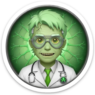 radioactive zombie scientist portrait, head and shoulders only, glowing toxic veins, cracked goggles, lab coat with radiation badge, sinister smile, 3D cartoon, mobile game icon style, clean background, no text, no watermark
 sticker