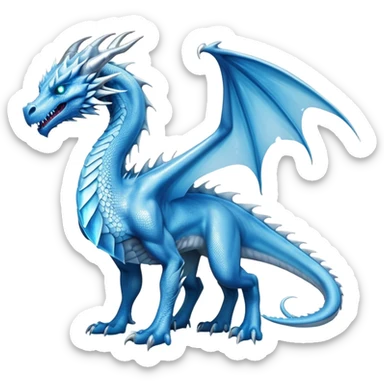Cinematic Noble beautiful  Ice Dragon full body Emoji, Poised and imposing, distinct long elegant snout, with a slender, scaled body shimmering in glacial hues of icy blue, frostbitten silver, and crystalline white, breathing out frost, with piercing, glowing eyes that radiate the chilling depths of an arctic storm; rendered in detail. displaying its wings sticker