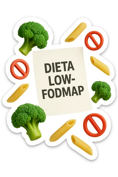 BROCCOLETTI E PENNE DI PASTA RIGATE FLUTTUANO IN ARIA insieme a piccoli divieti 3d, DAVANTI A LORO FLUTTUA UN FOGLIO CON LA SCRITTA "dieta low-fodmap" sticker