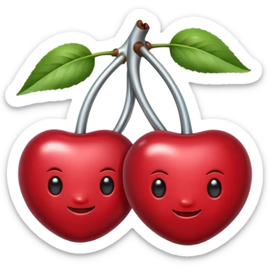 A pair of cherries emoji made of polished silver chrome, smooth rounded shapes, glossy metallic finish, soft highlights and reflections, cute proportions, iOS emoji style, centered, clean white background, no text sticker