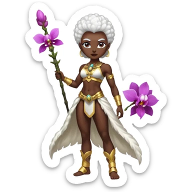 full body dark skin woman white hair afro muscular build orchid warrior spirit sticker