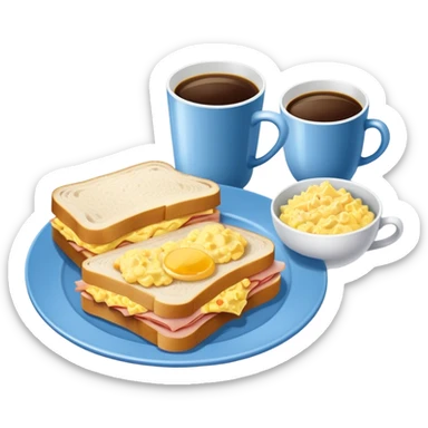 a blue breakfast plate, a sandwich with ham and scrambled eggs and a cup of white coffee sticker