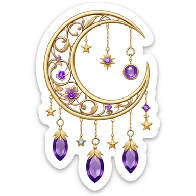 Epic beautiful gorgeous cute gold suncatcher, threads with shiny sparkly amethyst gemstones, flowers, crescents-moons, stars, gold Feathers  sticker