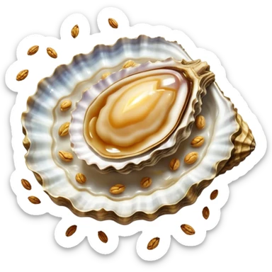 Ethereal oyster, golden walnuts, floating seeds, and a shining cut of lean meat spiraling around a small shield of light. Soft rays extend from the shield towards an illuminated body showing active cellular repair and regeneration. Foods emit a subtle glow as they orbit the protective shield. sticker