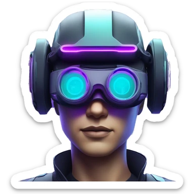 Secret human agent in a futuristic hat with in Apple VR goggles headset code display on the goggles , cyberpunk, cyan and purple colors, only upper body portrait, front facing the camera  sticker