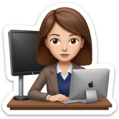 Uma mulher de cabelo castanho que é professora e um pouco brava a trabalhar no computador sem usar óculos sticker