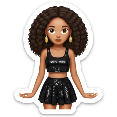 Solange with dark brown long hair, black sequin crop top and skirt sticker