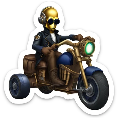 Bounty hunter C-3PO wearing a pair of navy-blue rimmed steampunk goggles, hat, leather chaps, fringe jacket riding a fast sporty 3 wheeler trike steampunk motorcycle on ice  sticker