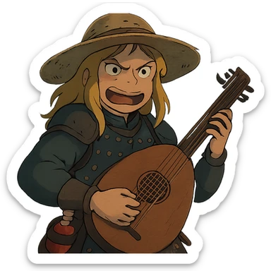 A female bard , blond hair, wearing brigandine armor with a sturdy straw hat, playing a fat medieval lute and singing, night time shadows, tool belt with red potion and bandages, portrait , mischievous grin, anger sticker