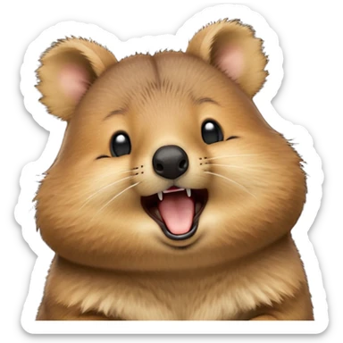 cinematic-realistic  yawning quokka-emoji,-small-round-frame, head tilted in an endearing manner, wouth wide open yawning, sleepy comical smile, round cheeks, giant-fluffy-cheeks-large-smile-fluffy-brown-fur-radiating-a-warm-softness,-big-round-eyes-filled-with-joy, realistic round  fluffy zoomed in, large black eyes one paw raised in the air sticker