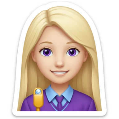 A pale girl with light blue eyes and long and blonde straight hair , smiling wearing a purple school uniform  sticker