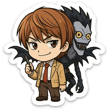 chibi style Light Yagami from Death Note smirking, holding a pen, Ryuk in the background, brown hair, school uniform sticker