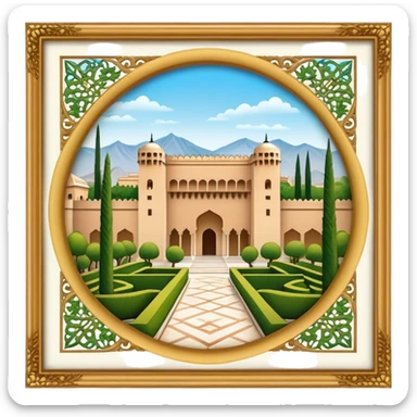 Cinematic Realistic Alhambra Landmark Emoji, showcasing the ornate historic palace with lush gardens rendered with rich textures and soft, majestic lighting. sticker