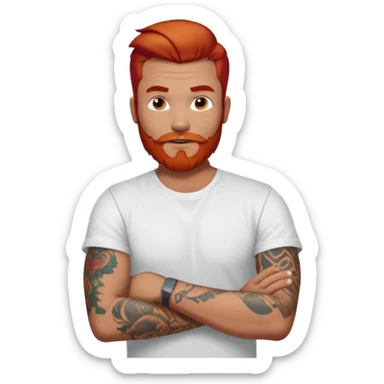 a guy with red beard red hair slick back white tshirt and tattoos oldschool on his arms sticker