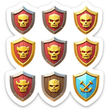 Clash of Clans aesthetic: Cinematic Playful 3D Isometric Shield Emoji, rendered in a 3D vector-style similar to standard emojis with minimal shading and bold, simplified shapes. A compact, distinct form with signature details, softly glowing with a fantasy RPG magic charm. Simplified yet unmistakably iconic, highly detailed and consistent, glowing with a soft radiance and high shine. Stylized with a touch of heroic grandeur and a soft glowing outline, capturing the essence of a beloved gaming relic with a friendly, playful manner! sticker