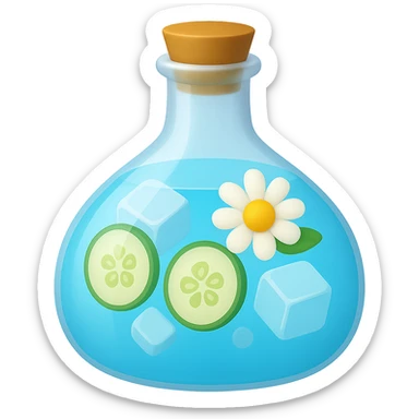 Edit the bottle in the same shape as the reference image. The liquid inside should be color #6fdef1. Inside the bottle, include cucumber slices, ice cubes, and a chamomile flower. The style should resemble apple emoji style with concise and clean details. sticker