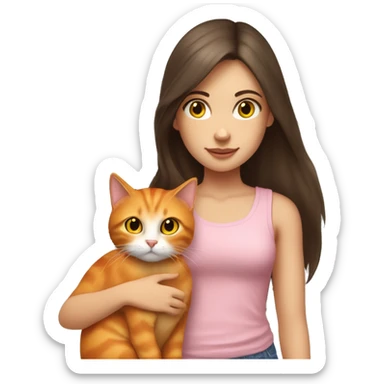 a white girl with hazel eyes and dark brown long hair petting her orange cat with yellow eyes. the girl is wearing a pink tank top with light wash jeans.  sticker