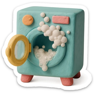 playful washing machine in claymation style with bubbly soap and open door, pastel colors sticker