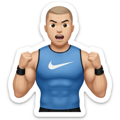 Big muscle man shouting , buzzcut hair, waering compress shirt nike sticker